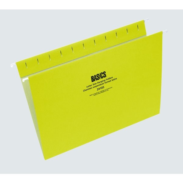 Basics® Coloured Hanging File Folders, Letter, Yellow, 25/bx