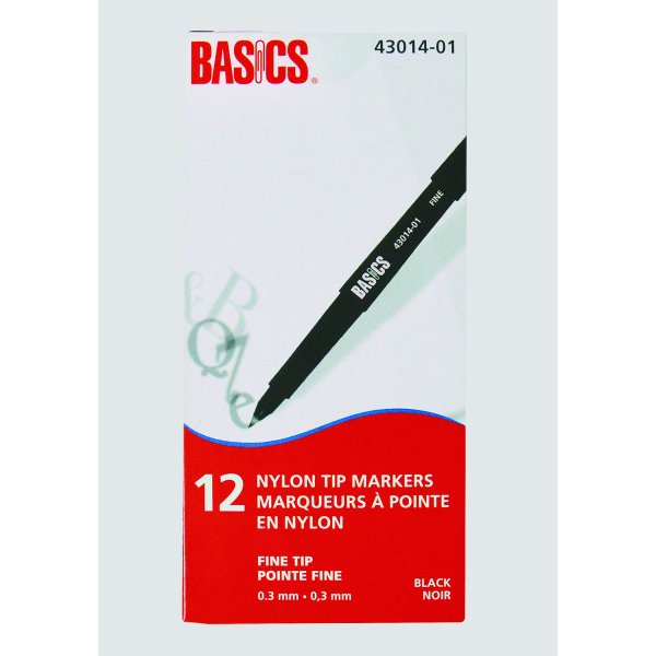 Basics® Nylon Tip Markers, Fine Tip, Black, 12/bx