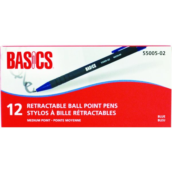 Basics Retractable Ball Point Pen, Medium, Blue, 12/box