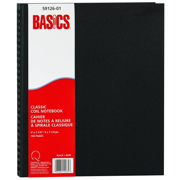 Basics® Classic Coil Notebook, 9" x 7-1/4", Black